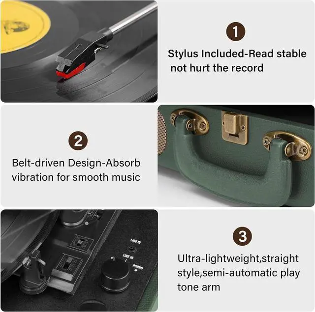 Alt view image 5 of 7 - Vinyl Record Player Bluetooth 3-Speed Portable Vintage Suitcase with Built-in Speakers, RCA Line Out AUX in Headphone Jack Vintage Turntable,Military Green