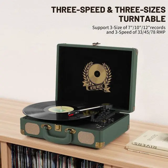Alt view image 6 of 7 - Vinyl Record Player Bluetooth 3-Speed Portable Vintage Suitcase with Built-in Speakers, RCA Line Out AUX in Headphone Jack Vintage Turntable,Military Green