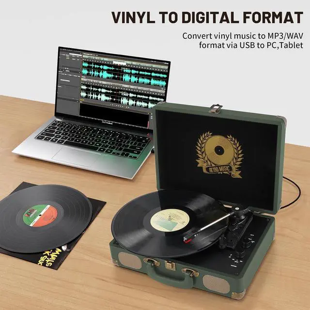 Alt view image 7 of 7 - Vinyl Record Player Bluetooth 3-Speed Portable Vintage Suitcase with Built-in Speakers, RCA Line Out AUX in Headphone Jack Vintage Turntable,Military Green