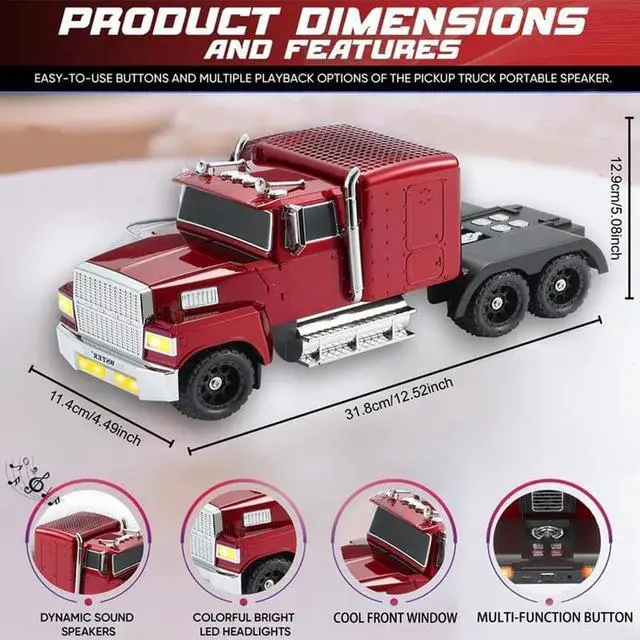 Alt view image 7 of 7 - Ws-570 Big Truck Model Bluetooth Speaker with Deep Bass & USB Charging, Cool Semi Truck Design Support USB, Tf Card, Aux and Fm Stereo, TWS Speaker for Car Lover Gifts(Red)
