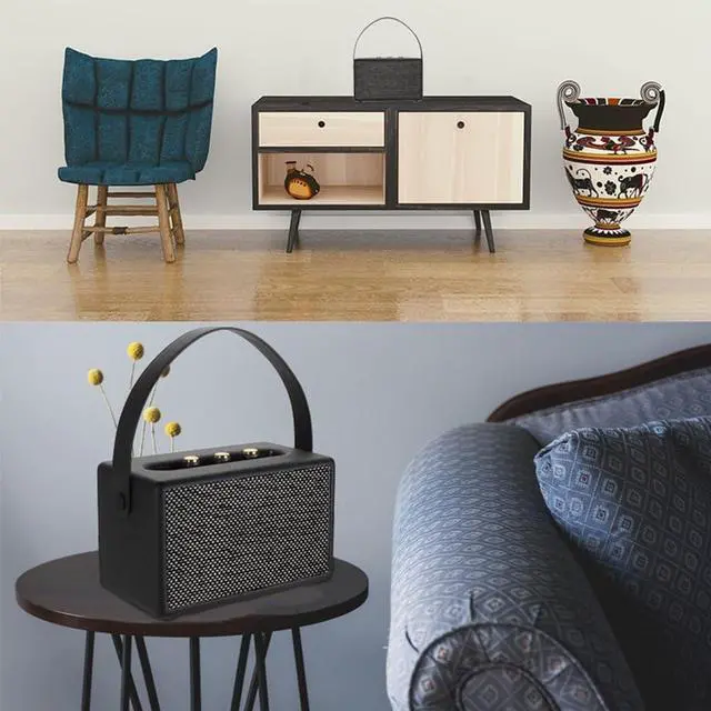 Alt view image 2 of 7 - Professional Portable Wireless Vintage Bluetooth Speakers USB Card Reader Wooden PU Outdoor Home Music Player Black