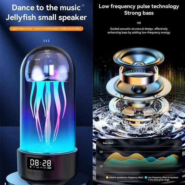 Alt view image 3 of 7 - Jellyfish Lamp Portable Bluetooth Speaker Wireless, Mechanical Motion LED Jellyfish Alarm Clock Sound Speaker Night Mood Light, Table Lamp Bedside Lamp Decor