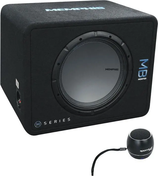 Main image of Audiosavings Bundle: Memphis Audio MBE12S2 MB Loaded Subwoofer Enclosure 2 Ohm Car Sub Bundle with Rockville RPB2-BLACK Handheld Wireless Portable Bluetooth Speaker Great Sound (2 Items)
