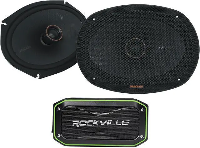 Main image of Audiosavings Bundle: (1) Pair Kicker 51KSC6904 6x9 150 Watt RMS Car Audio Speakers Bundle with (1) Rockville Rock Anywhere Waterproof Portable Bluetooth Speaker+TWS Stereo Linking (Items 3)