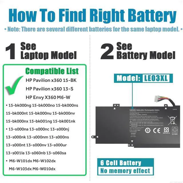 Alt view image 3 of 7 - LXHY 796356-005 LE03XL Laptop Battery Compatible with HP Envy X360 M6-W101dx W102dx W103dx W010dx, Pavilion X360 13-s000 15-bk000 13-s120nr 13-s128nr 15-bk010nr 15-bk152nr HSTNN-PB6M HSTNN-YB5Q