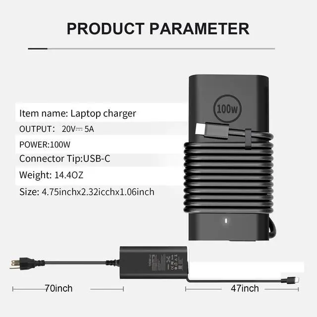 Alt view image 3 of 6 - GAN 100W USB C Dell Laptop Charger for Dell Latitude 5340 7640 7340 7440 5440 5540 9440 5289 5300, Precision 3540 3580 3480 3581 5480 5680, in-spiron 14 Plus 7430 7440 DA100PM220