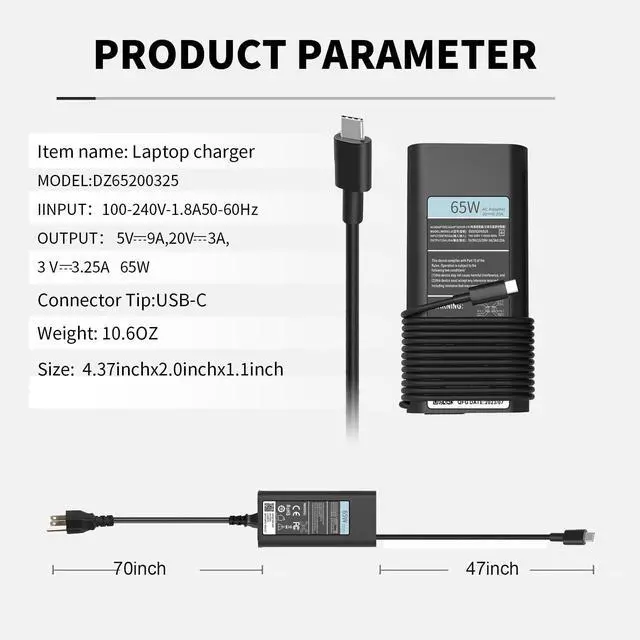 Alt view image 2 of 6 - 65W USB Type C Laptop Charger for Dell USB C Charger, Dell Laptop Charger for Latitude 5420 7420 5520, Inspiron 16 7620 2-in-1,XPS 12 9520, XPS 13 9350 LA65NM190 HA65NM190 LA65NM170