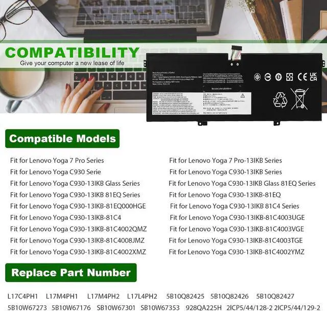 Alt view image 6 of 7 - LXHY L17C4PH1 L17M4PH1 L17M4PH2 L17L4PH2 Laptop Battery for Lenovo Yoga 7 Pro Pro-13IKB C930 C930-13 C930-13IK C930-13IKB C930-131KB 930-13IKB-81EQ 81C4 81EQ Series 5B10Q82425 5B10Q82426 5B10Q82427