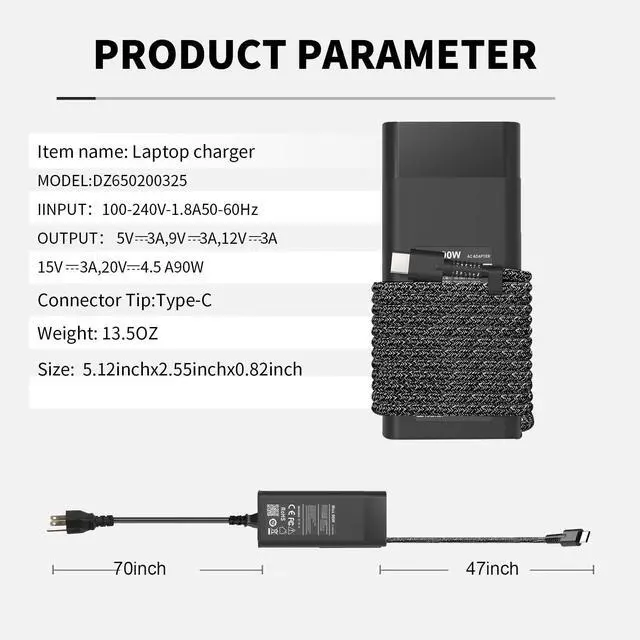 Alt view image 2 of 6 - Slim 90W 65W USB-C Charger for Dell Laptop Charger : Dell XPS 13 9365 9360 9370, Latitude 5520 5420 3400 3500 5289 5300 2in1 7400 2in1,Inspiron 16 7620 2-in-1/14 7420 LA90PM170 DA90PM170