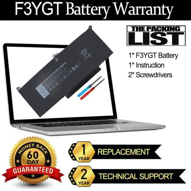 Alt view image 2 of 13 - F3YGT 60WH Battery for Dell Latitude 7480 7490 7280 7290 7380 7390 E7280 E7480 E7490 12 7000 13 7000 14 7000 Series DM3WC ODM3WC DM6WC 2X39G KG7VF V4940 P73G P73G002 P29S002 451-BBYE 453-BBCF, 7.6V