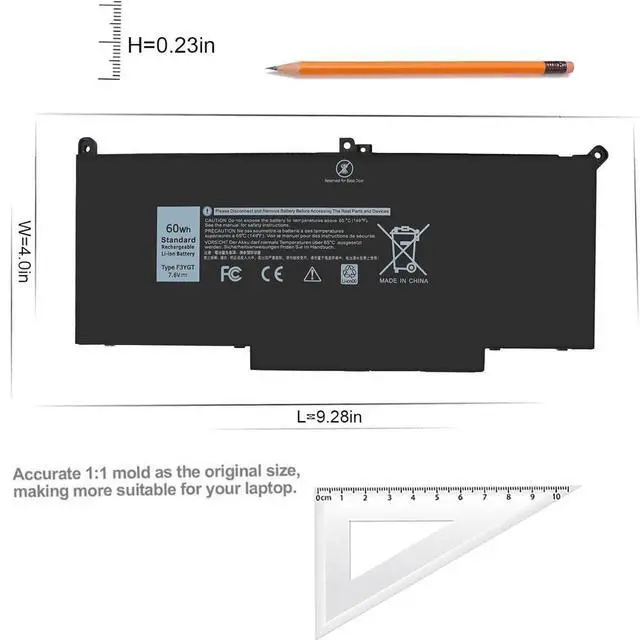 Alt view image 3 of 13 - F3YGT 60WH Battery for Dell Latitude 7480 7490 7280 7290 7380 7390 E7280 E7480 E7490 12 7000 13 7000 14 7000 Series DM3WC ODM3WC DM6WC 2X39G KG7VF V4940 P73G P73G002 P29S002 451-BBYE 453-BBCF, 7.6V