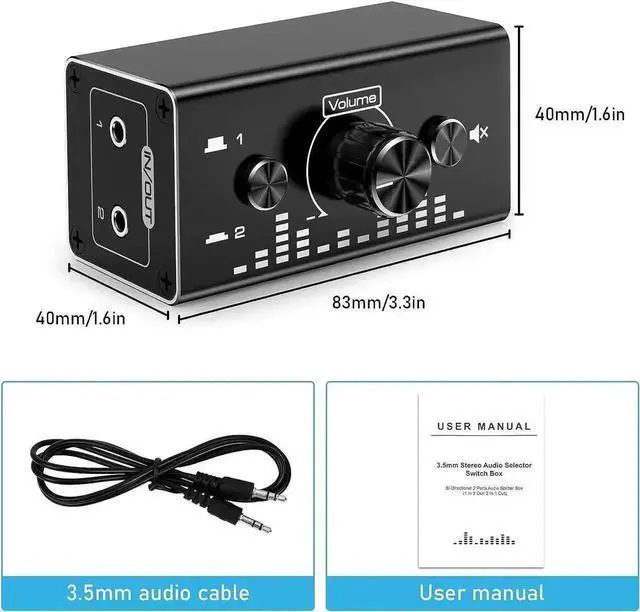 Alt view image 5 of 6 - Bi-Directional 3.5mm Jack Audio Switch Selector 2 In 1 Out / 1 In 2 Out Noiseless Analogue Stereo Audio Switch with Volume Control, Sound Distribution Splitter Box for Speakers Headphones PC