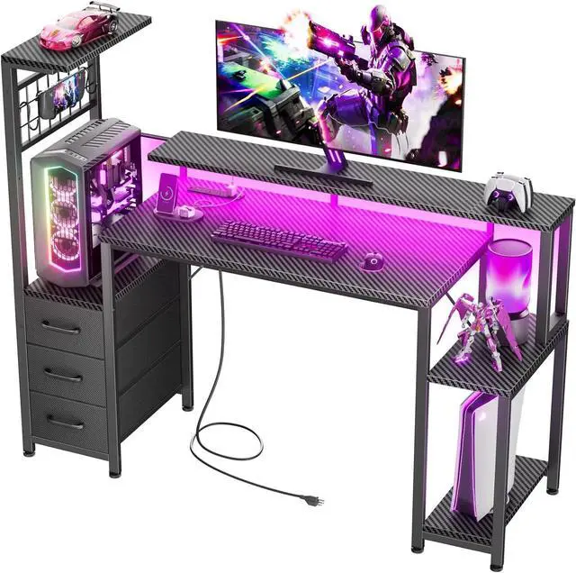 Main image of 48 Inch Gaming Desk with LED Lights & Power Outlets,Computer Desk with Fabric Drawers & Side Hook,Reversible Gamer Table with Monitor Stand for Game Room,Home Office,Carbon Fiber Black