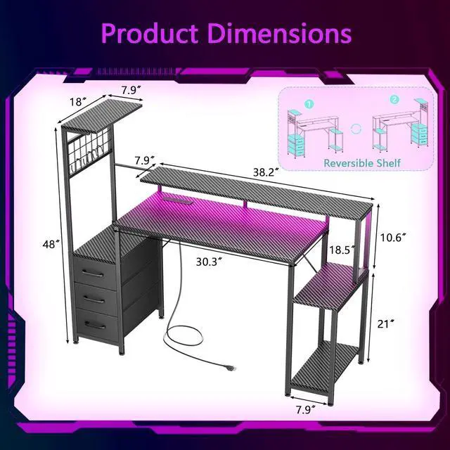 Alt view image 3 of 7 - 48 Inch Gaming Desk with LED Lights & Power Outlets,Computer Desk with Fabric Drawers & Side Hook,Reversible Gamer Table with Monitor Stand for Game Room,Home Office,Carbon Fiber Black