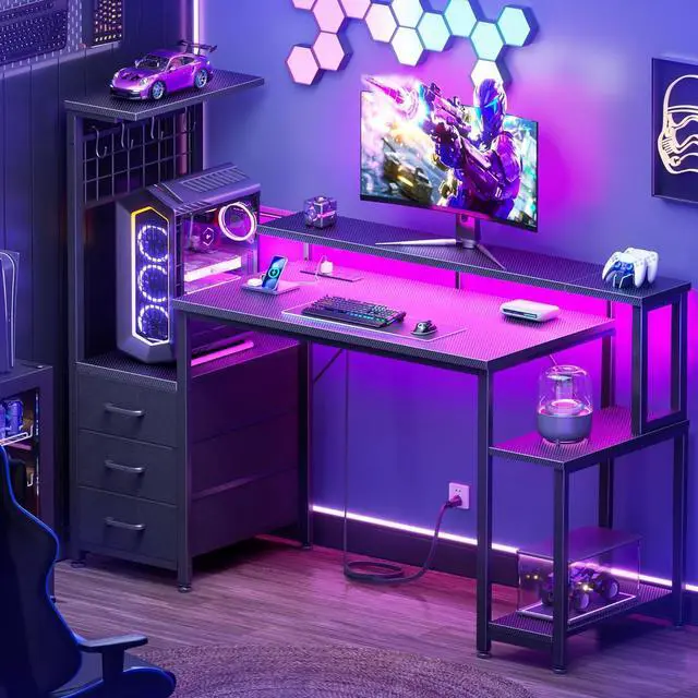Alt view image 7 of 7 - 48 Inch Gaming Desk with LED Lights & Power Outlets,Computer Desk with Fabric Drawers & Side Hook,Reversible Gamer Table with Monitor Stand for Game Room,Home Office,Carbon Fiber Black