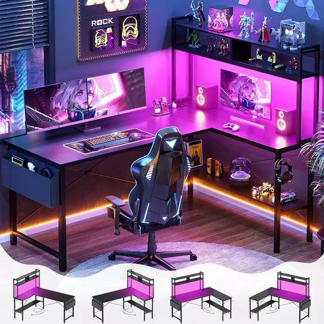Main image of L Shaped Desk Gaming Desk, 59" L Shaped Computer Desk with LED Light & Power Outlet, Reversible Home Office Desk Gamer Desks with Shelves & Storage Bag & Hooks, Corner PC Desk, Black