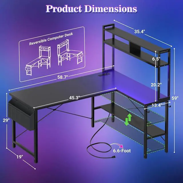 Alt view image 2 of 7 - L Shaped Desk Gaming Desk, 59" L Shaped Computer Desk with LED Light & Power Outlet, Reversible Home Office Desk Gamer Desks with Shelves & Storage Bag & Hooks, Corner PC Desk, Black