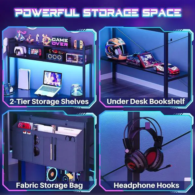 Alt view image 3 of 7 - L Shaped Desk Gaming Desk, 59" L Shaped Computer Desk with LED Light & Power Outlet, Reversible Home Office Desk Gamer Desks with Shelves & Storage Bag & Hooks, Corner PC Desk, Black