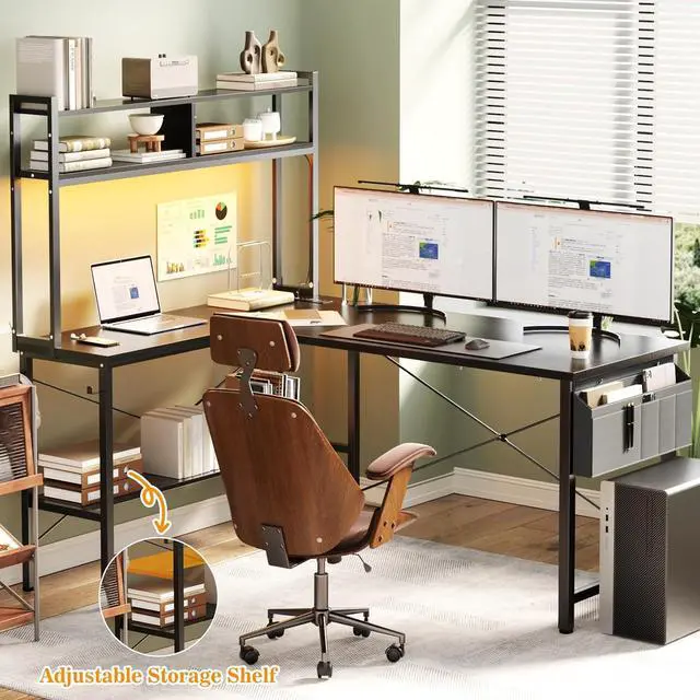Alt view image 6 of 7 - L Shaped Desk Gaming Desk, 59" L Shaped Computer Desk with LED Light & Power Outlet, Reversible Home Office Desk Gamer Desks with Shelves & Storage Bag & Hooks, Corner PC Desk, Black