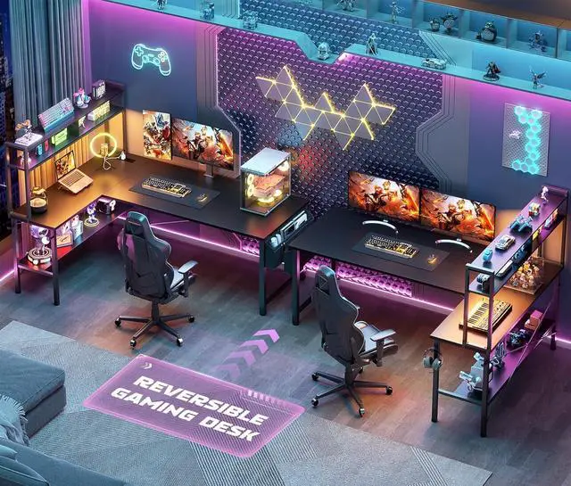 Alt view image 7 of 7 - L Shaped Desk Gaming Desk, 59" L Shaped Computer Desk with LED Light & Power Outlet, Reversible Home Office Desk Gamer Desks with Shelves & Storage Bag & Hooks, Corner PC Desk, Black