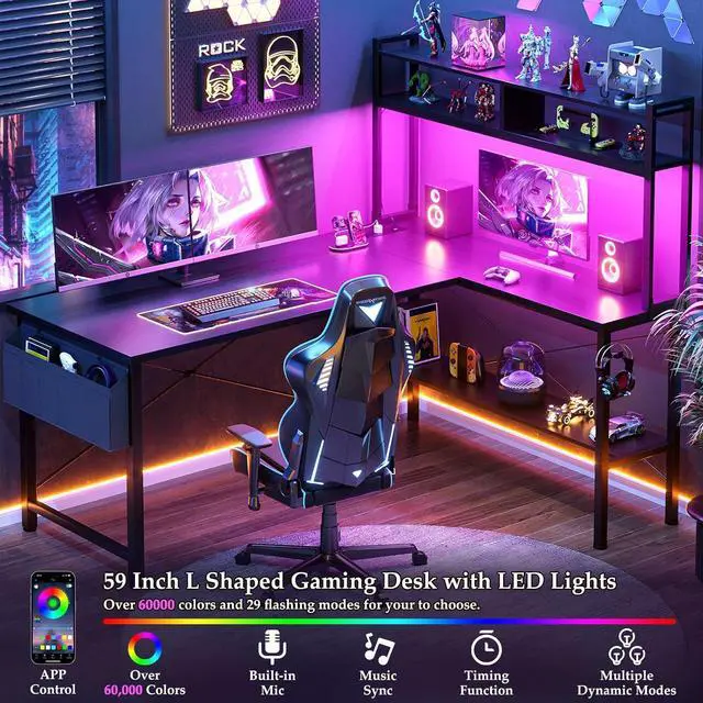 Alt view image 4 of 7 - L Shaped Desk Gaming Desk, 59" L Shaped Computer Desk with LED Light & Power Outlet, Reversible Home Office Desk Gamer Desks with Shelves & Storage Bag & Hooks, Corner PC Desk, Black