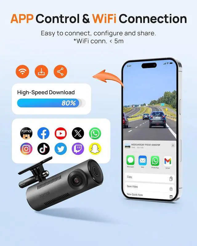 Alt view image 6 of 7 - 70mai Dash Cam M310, Dash Camera for Cars 1296P QHD, Smart Dash Cam Front Built in WiFi, 130° Wide-Angle FOV, WDR, Night Vision, iOS/Android Mobile App, Loop Recording, Parking Monitor, Time-Lapse