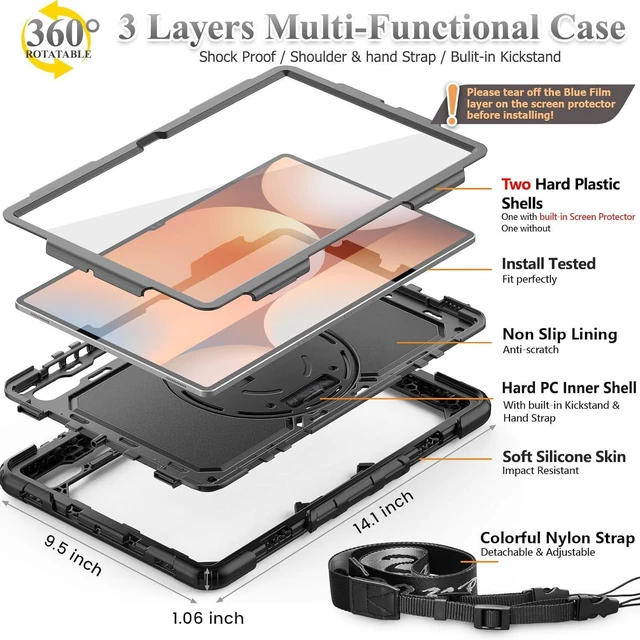 Alt view image 6 of 6 - Case for SAM-SUNG Galaxy Tab S10 Ultra / S9 Ultra Tablet Case 14.6'' Protective with Screen Protector, Pen Holder, 360 Rotate Stand, Hand Strap, Shoulder Strap, Black1