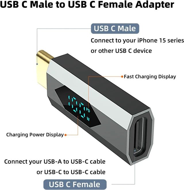 Alt view image 2 of 6 - 2 Pack 100W USB C Male to Female Adapter with LED Digital Display