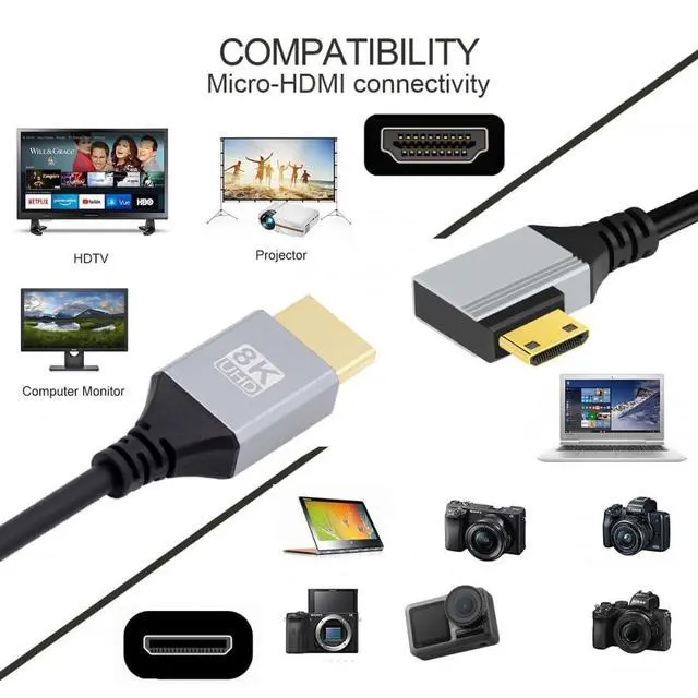 Alt view image 3 of 7 - HDMI 2.1 Cable,HDMI Male to Mini HDMI Male 90 Degree Left Angled 8K@60Hz 4K@120Hz 48Gbps Ultra High-Speed Gold-Plated Cable 1.64FT/0.5M for TV, Monitor, Computer