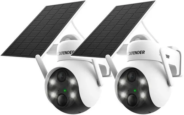 Main image of Defender SOLAR POWERED 4K AI Everwatch PTZ Wireless Battery Security Camera with 3W Solar Panel, AI Detection, Color Night Vision, No Monthly Fees - 2 Pack