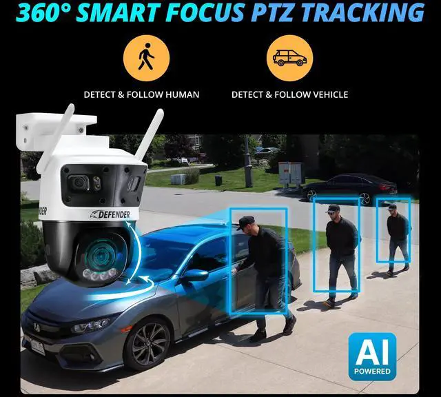Alt view image 4 of 7 - Defender AI POWERED 3K+ Guard WIFI Tri-Lens PTZ Plug-in Security Camera, 3-in-1 Technology, 360° Tracking, 8X Zoom, Human/Vehicle AI Detection, Mobile App