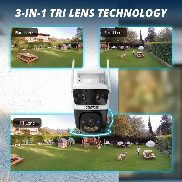 Alt view image 3 of 7 - Defender AI POWERED 3K+ Guard WIFI Tri-Lens PTZ Plug-in Security Camera, 3-in-1 Technology, 360° Tracking, 8X Zoom, Human/Vehicle AI Detection, Mobile App