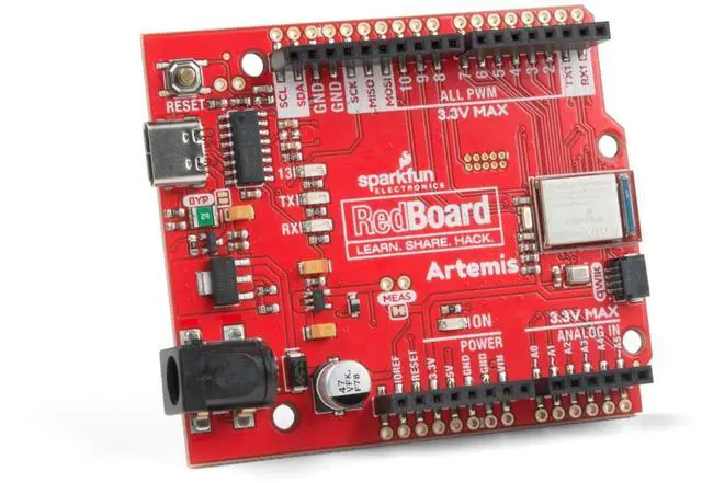 Main image of SparkFun RedBoard Artemis Machine Learning Development Board Includes BLE One megabyte of Flash USB-C connector Qwiic I2C MEMS microphone Compatible with Arduino IDE Run TenserFlow models R3 footprint