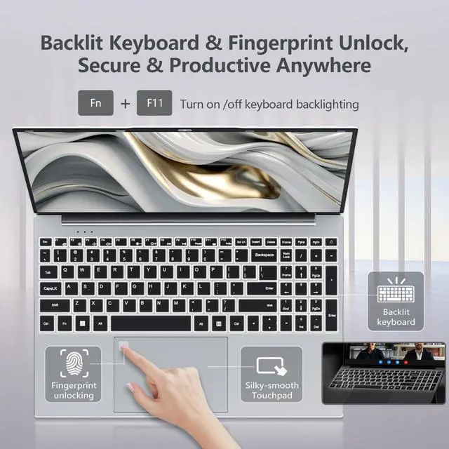 Alt view image 5 of 5 - Gaming Laptop, Twin Lake N150 Laptops(up to 3.6GHz), 15.6 inch Lap top with 16GB DDR4 512GB SSD, Backlit KB Fingerprint, FHD 1920*1080, Win 11 Pro, WiFi 5,BT 4.2, Portable Laptops, Gaming laptops