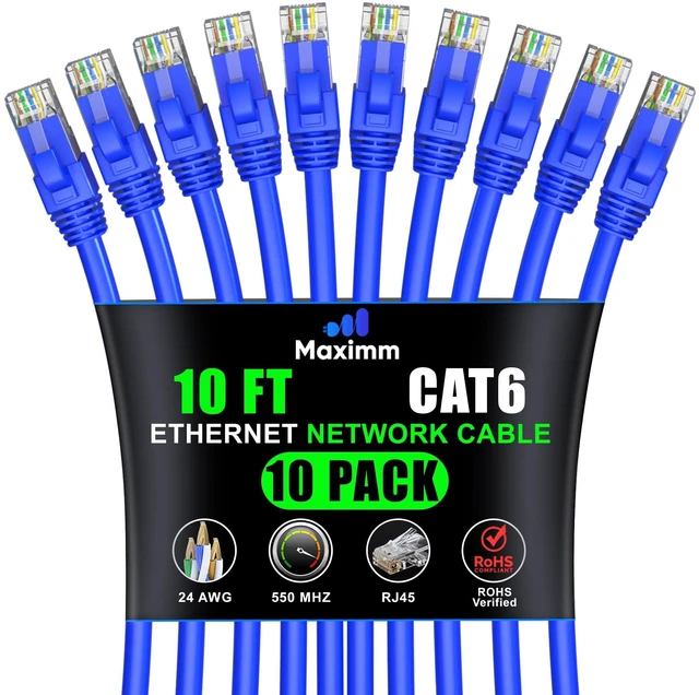 Main image of Maximm Cat6 Ethernet Cable 10 Ft, 10 Gbps 550 MHz, Blue, 10 Pack