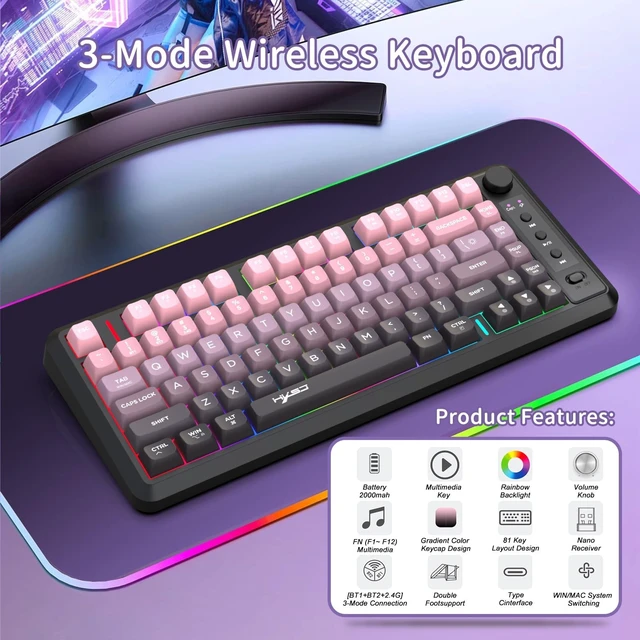 Alt view image 2 of 5 - Attoe L400 Dual-Mode Wireless Gaming Keyboard (Bluetooth/2.4G), 75% Compact Layout, Volume Knob, RGB Backlit, Long Battery Life, Quiet Mechanical Feel Keyboard, 24-Key for PC/Mac (Black)