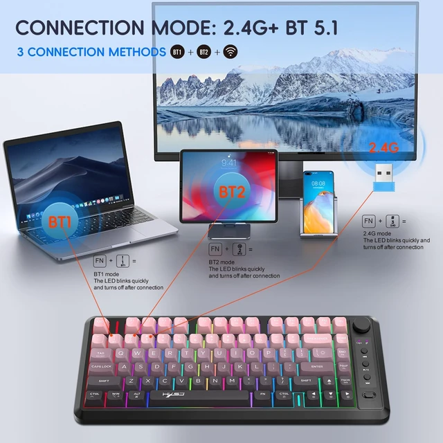 Alt view image 3 of 5 - Attoe L400 Dual-Mode Wireless Gaming Keyboard (Bluetooth/2.4G), 75% Compact Layout, Volume Knob, RGB Backlit, Long Battery Life, Quiet Mechanical Feel Keyboard, 24-Key for PC/Mac (Black)