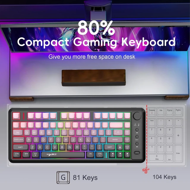 Alt view image 4 of 5 - Attoe L400 Dual-Mode Wireless Gaming Keyboard (Bluetooth/2.4G), 75% Compact Layout, Volume Knob, RGB Backlit, Long Battery Life, Quiet Mechanical Feel Keyboard, 24-Key for PC/Mac (Black)