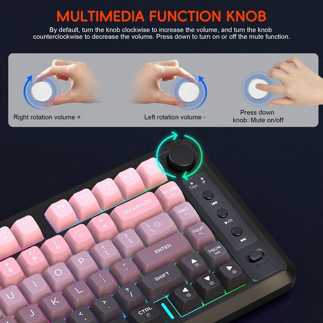 Alt view image 5 of 5 - Attoe L400 Dual-Mode Wireless Gaming Keyboard (Bluetooth/2.4G), 75% Compact Layout, Volume Knob, RGB Backlit, Long Battery Life, Quiet Mechanical Feel Keyboard, 24-Key for PC/Mac (Black)