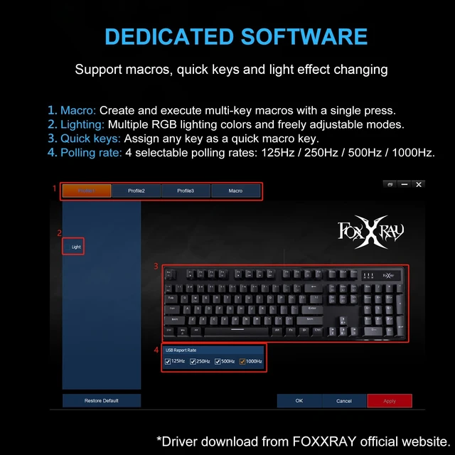 Alt view image 5 of 5 - FOXXRAY HKM-88 Full-Size Mechanical Gaming Keyboard, Customizable Keys with Macro Support, RGB Backlit, Standard Clicky Blue Switches, USB Plug and Play for PC