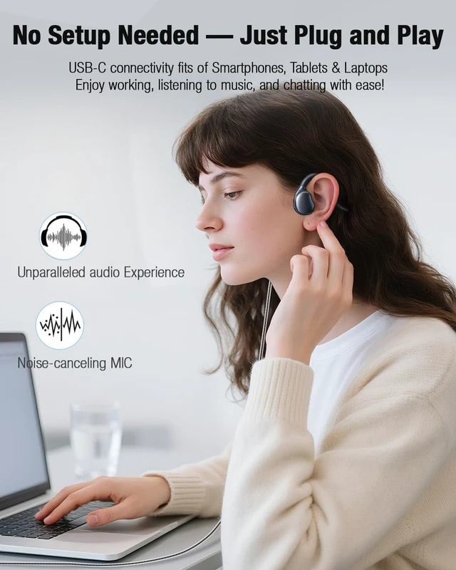 Alt view image 5 of 5 - USB-C Wired Headphones,Open Ear Headphones with Mic, Plug in Headset with Premium Sound Type-C Headset Perfect for with Laptop, New iPhone 15 & 16, Samsung & Android Type C Phones- Black