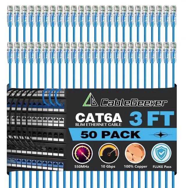 Main image of CableGeeker Patch Cables Cat6a 3ft (50 Pack) Slim, Cat6 Ethernet Patch Cable 10G Support, Snagless RJ45 Cat 6 Patch Cable for Patch Panel to Switch, Flexible Network Cable - 3 Feet Blue