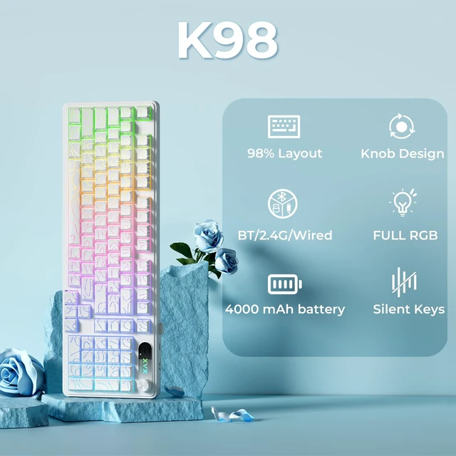 Alt view image 2 of 5 - OHY XVX Wireless Keyboard,99Keys Quiet Typing Membrane Gaming Keyboard with Logo Display & Knob, RGB Backlit, USB C Rechargeable, 94 Keys PBT Keycap for Windows PC, Mac, Linux-White