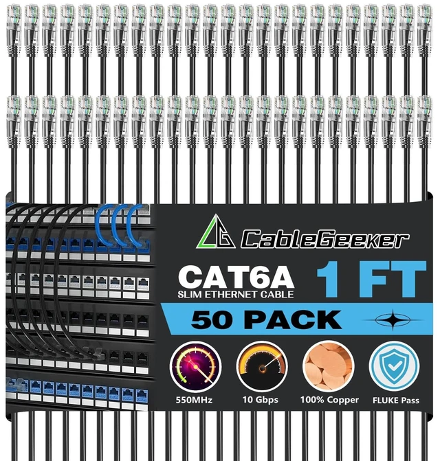 Main image of CableGeeker Cat 6A Slim Ethernet Patch Cables, 1 ft, 50-Pack, Black