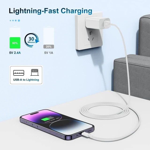 Alt view image 4 of 5 - 2 Pack Apple MFi Certified Charger Cable 15ft, Lightning to USB Cable Cord 15 Foot, 2.4A Fast Charging,Apple Phone Long Chargers for iPhone 13/12/11/11Pro/11Max/ X/XS/XR/XS Max/8/7/6 White