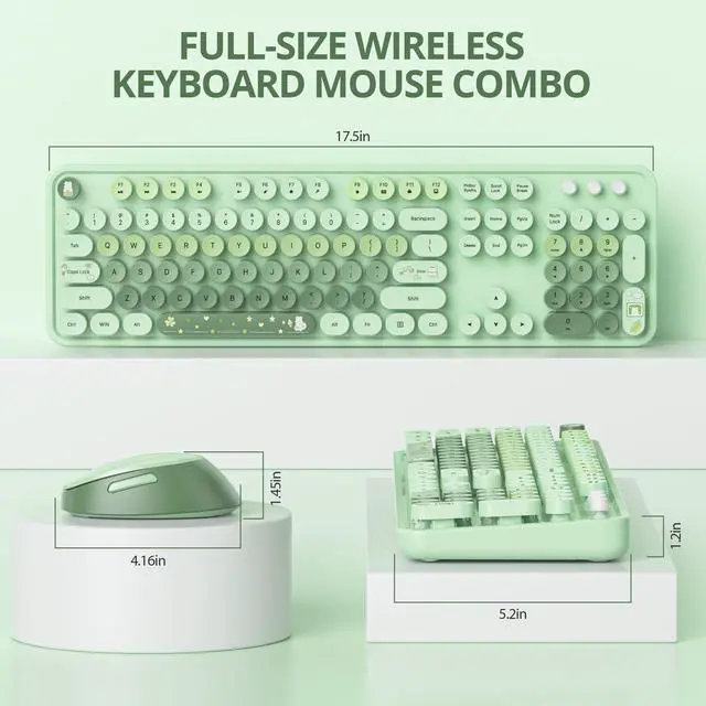 Alt view image 3 of 5 - Owpkeenthy Colorful Green Keyboard and Mouse Wireless, 2.4G Retro Typewriter Aesthetic Cute Computer Keyboard Full-Size with Number Pad (Colorful Green)