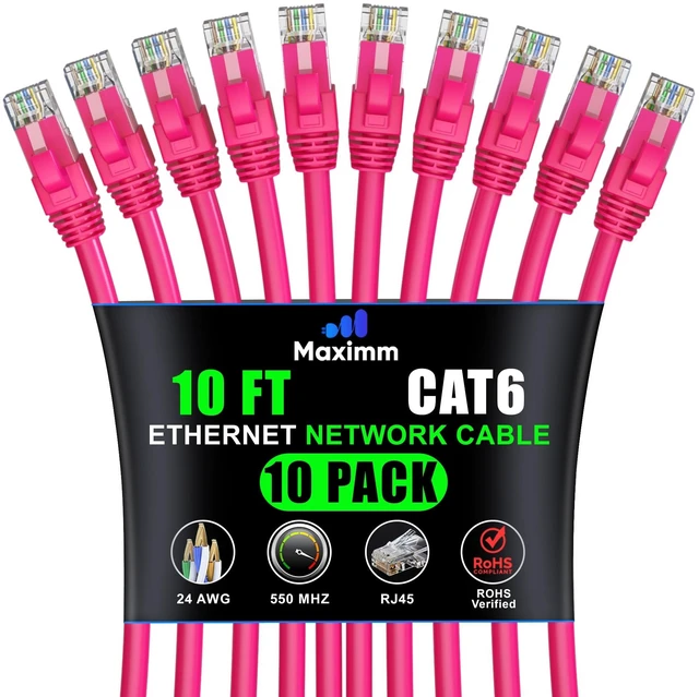 Main image of Maximm Cat6 Ethernet Cable 10 Ft, 10 Gbps 550 MHz, Pink, 10 Pack