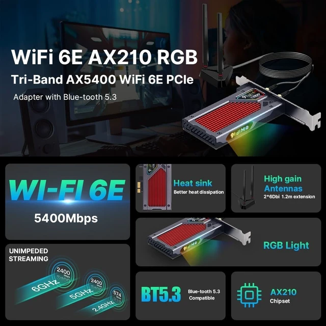 Alt view image 3 of 5 - FENVi AX210 WiFi 6E PCIe WiFi Card, Tri-Band 5400Mbps, Bluetooth 5.3, with RGB Lightning for Gaming, Compatible with Windows 11/10