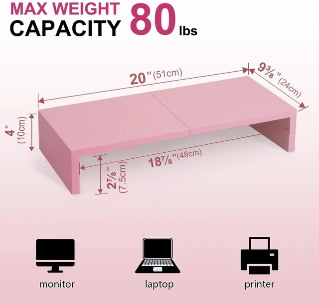 Alt view image 4 of 5 - TEAMIX 2 Pack Pink Monitor Riser-20L inch, Cute Monitor Stand for Desk, Wood Sturdy TV/Screen/PC/Printer/Laptop Riser, Computer Shelf with Storage Desktop Organizer for Home Office