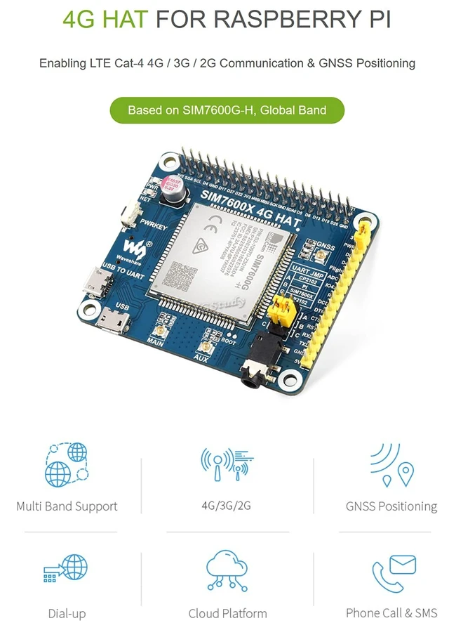 Alt view image 2 of 5 - 4G 3G 2G GSM GPRS GNSS HAT Based on SIM7600G-H LTE CAT4 150Mbps Wireless Communication Telephone Call SMS Positioning for Raspberry Pi 4 3 2 Model B B+ Zero W WH Jetson Nano (Global Version)@XY